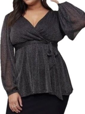 Torrid Top 4 Black and Silver Sparkle Stretch Knit Surplice Bust Fully Lined 4X